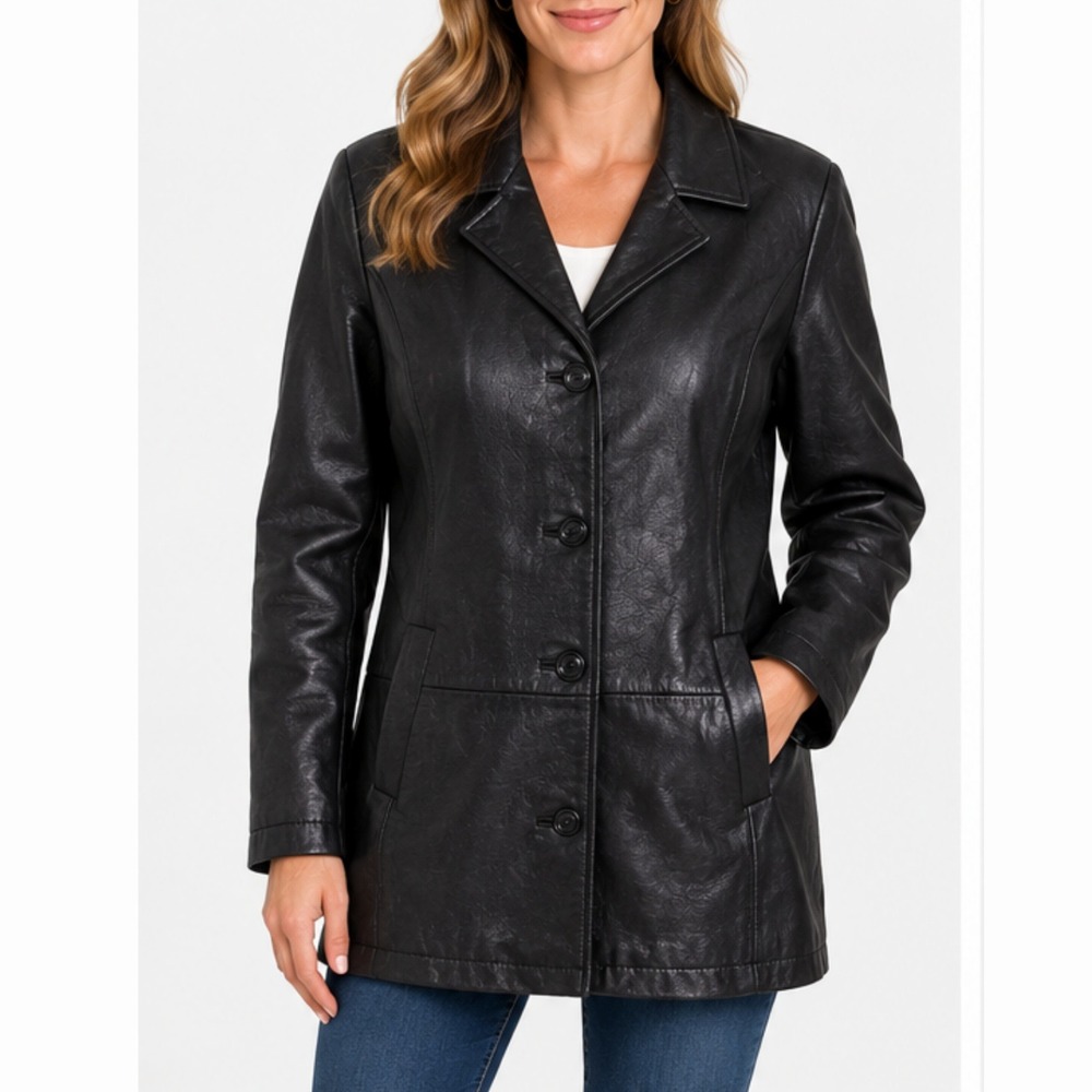 The Territory Ahead Solid Black Genuine Leather Jacket Car Coat Size Small